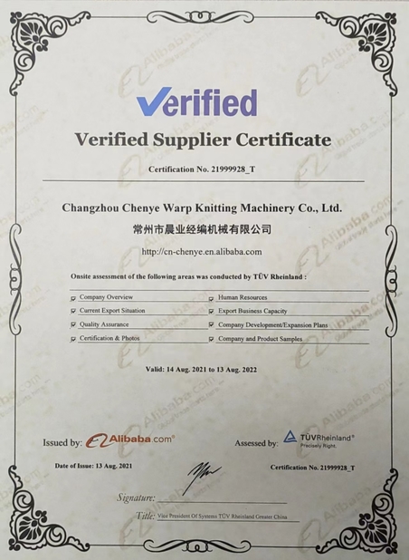 Çin Changzhou Chenye Warp Knitting Machinery Co., Ltd. Leave Messages Sertifikalar
