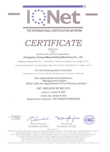 Çin Changzhou Chenye Warp Knitting Machinery Co., Ltd. Sertifikalar