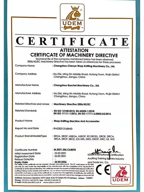 Çin Changzhou Chenye Warp Knitting Machinery Co., Ltd. Sertifikalar